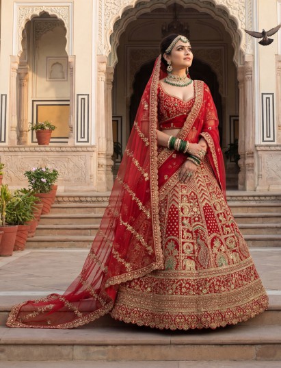Red handcrafted bridal silk lehenga choli ensemble