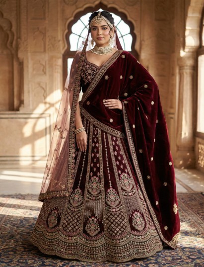 Maroon velvet embroidered bridal lehenga choli with double dupatta