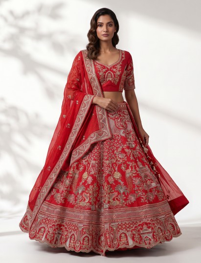 Red raw silk traditional wedding lehenga choli attire