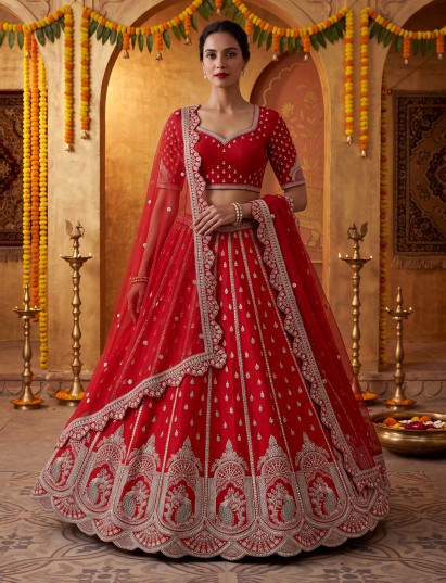 Red royal peacock silk lehenga choli with dupatta