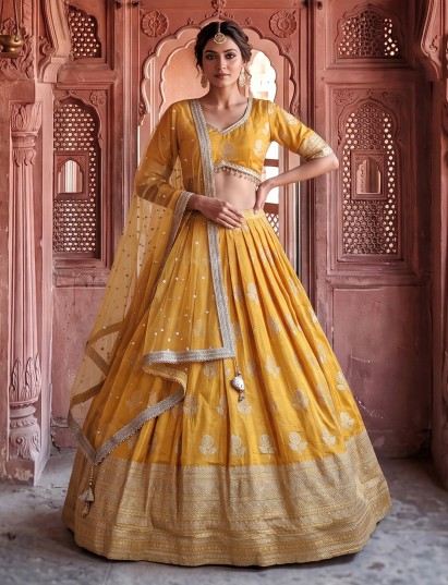 Yellow mirror work chanderi silk lehenga choli