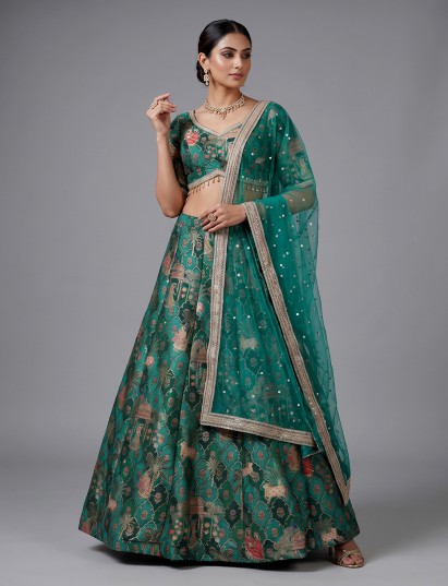 Green heritage printed lehenga choli with dupatta