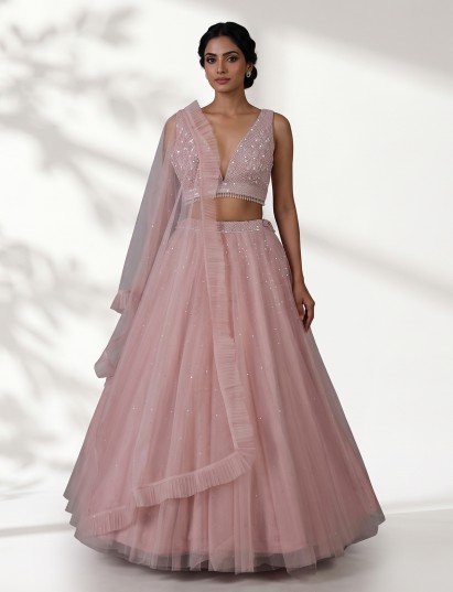Pink designer net embellished lehenga choli