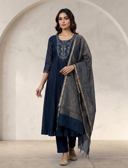 Peacock blue cotton silk designer anarkali kurti set