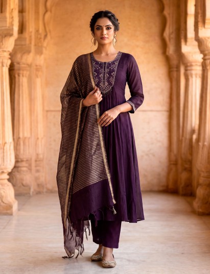 Wine cotton silk embellished anarkali kurti set ensemble