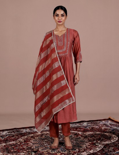 Rust orange cotton silk anarkali kurti set collection