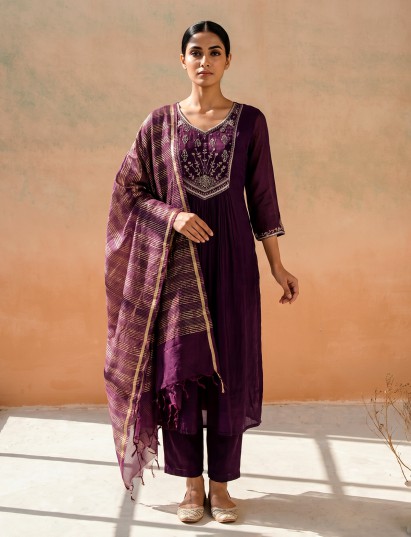 Wine georgette silk anarkali kurti set with dupatta