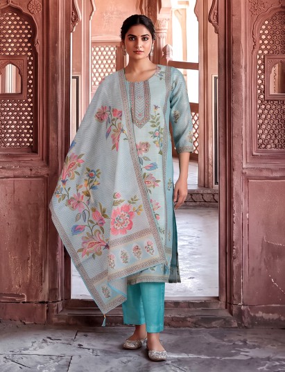 Sky blue printed cotton silk festive kurti set