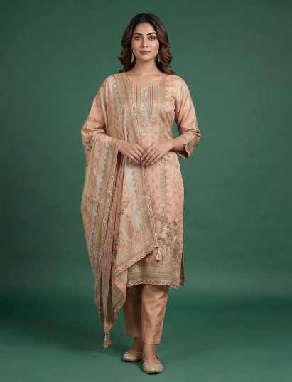 Beige mirror embroidered cotton silk festive kurti set