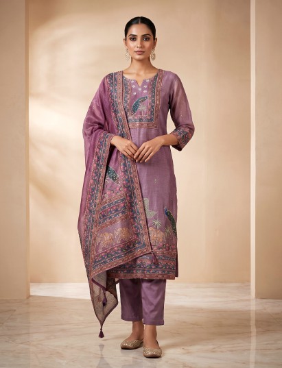 Purple designer printed cotton silk straight kurti set