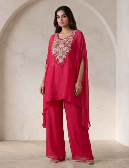 Rani chiffon silk Indo-Western palazzo suit with cape