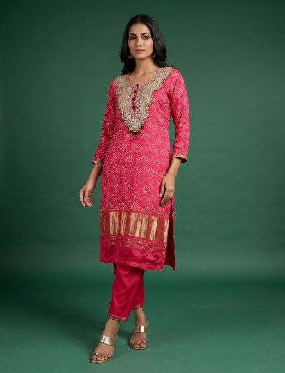 Rani bandhani georgette straight festive salwar suit