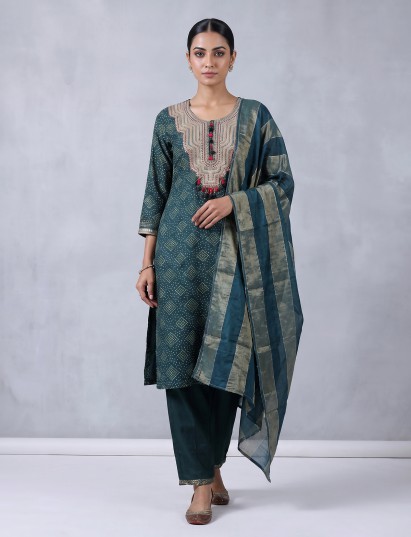 Peacock green bandhani straight salwar suit with dupatta