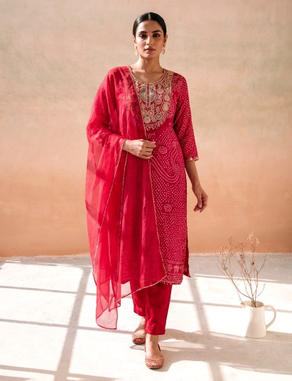 Rani pink bandhani printed straight salwar suit collection