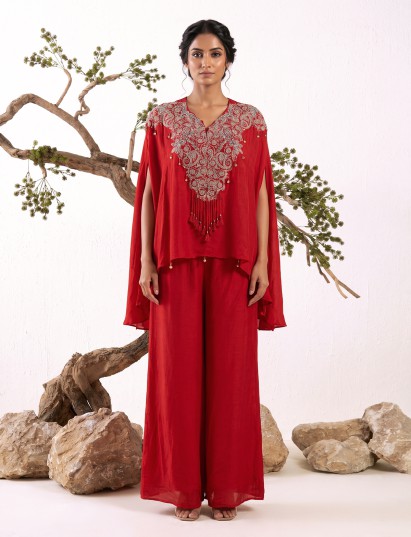 Red crepe silk indo western palazzo suit for women