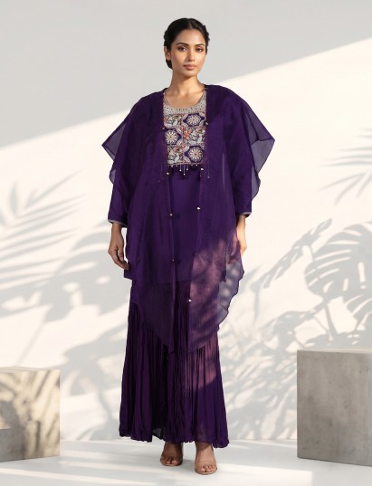 Purple chiffon silk designer sharara suit with cape