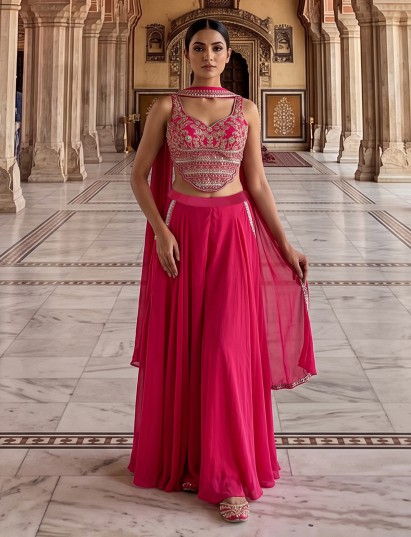 Rani pink silk indo western palazzo suit with choker