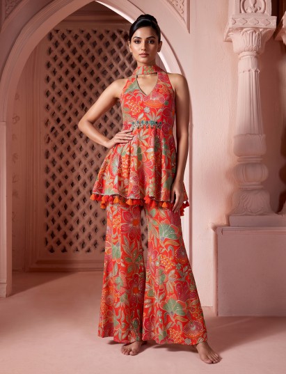 Orange printed georgette silk fusion sharara suit