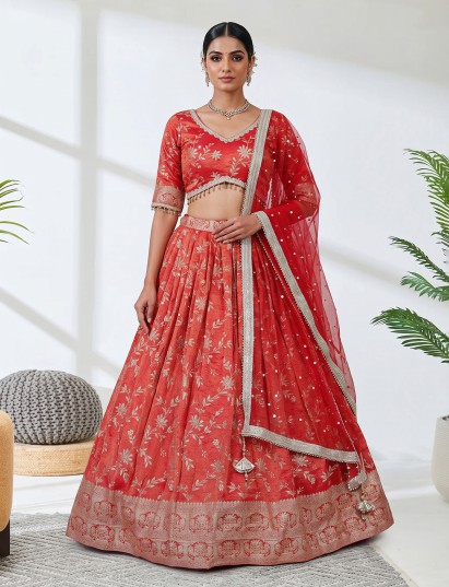 Rust shimmer silk mirror embroidered lehenga choli