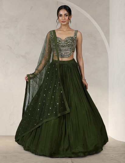 Green georgette crepe silk pleated lehenga choli