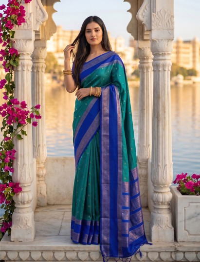Refined teal blue soft silk saree with navy zari pallu