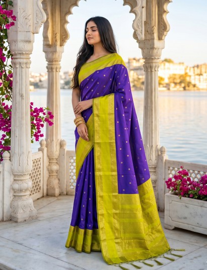 Luxurious purple soft silk saree with zari detailing