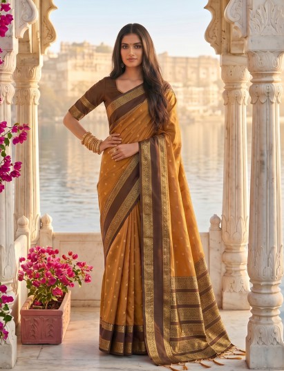 Heritage mustard yellow soft silk saree with zari elegance