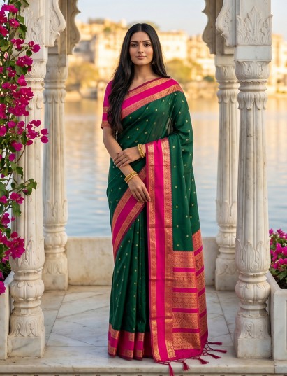 Festive green soft silk saree with royal pink border