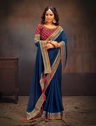 Navy blue banglori silk embroidered designer saree