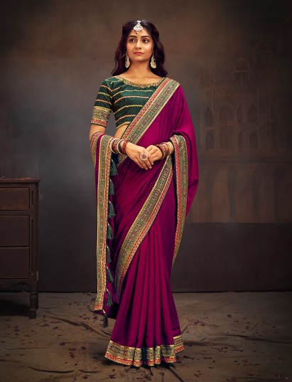Purple handcrafted banglori silk party wear saree