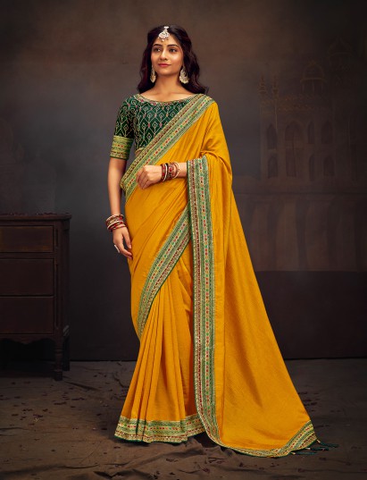 Yellow traditional banglori silk festive wear saree