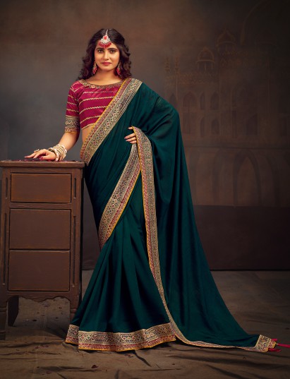 Bottle green embroidered banglori silk wedding saree
