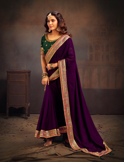 Purple designer banglori silk embroidered festive saree