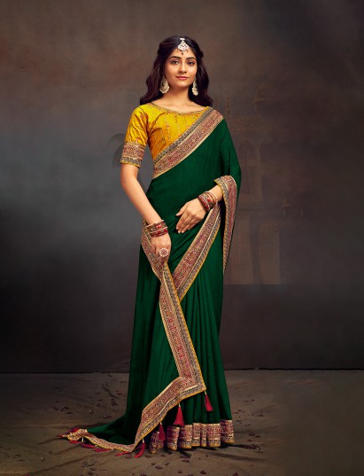 Green meenakari embroidered banglori silk festive saree