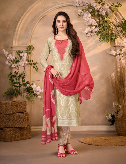 Light olive embroidered cotton linen festive salwar suit