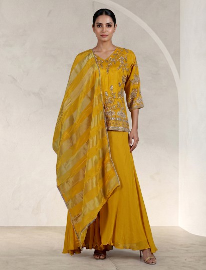 Yellow embroidered art silk palazzo suit