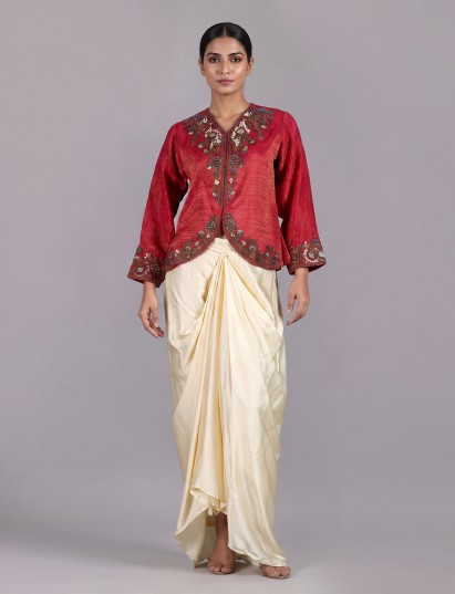 Pink embroidered matka silk indo western
