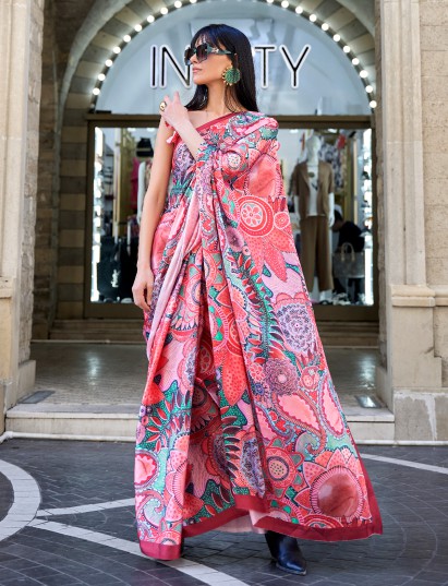 Multi colour designer satin crepe printed party saree