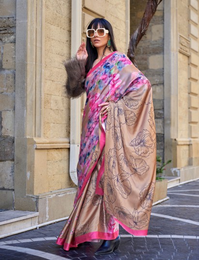 Beige contemporary satin crepe digital printed party saree