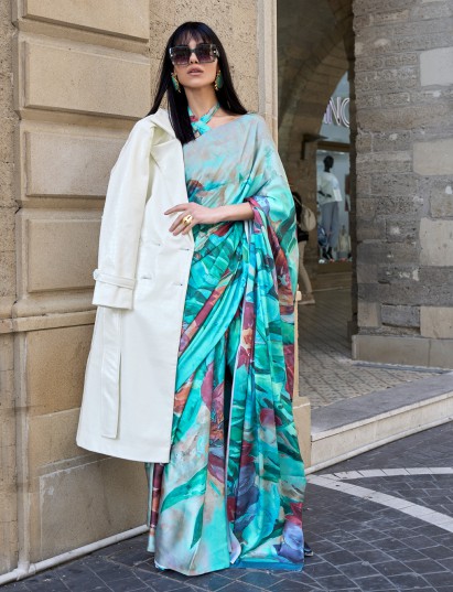 Blue premium satin crepe designer printed saree elegance