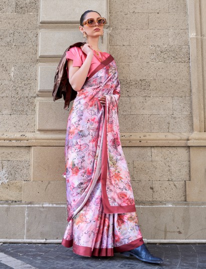 Lavender premium satin crepe printed festive saree