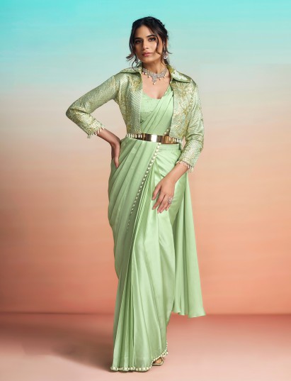 Light green embellished satin silk ready to wear saree