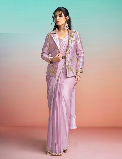 Light pink embellished ready to wear saree with jacket