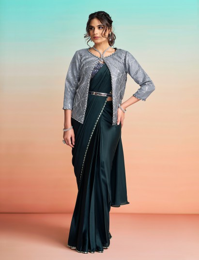 Slate blue designer ready to wear saree with jacket