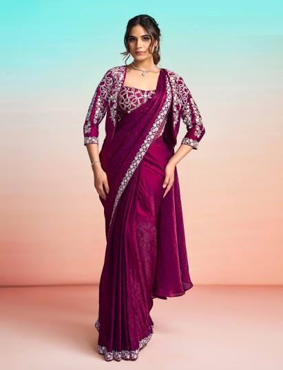 Pastel purple embroidered ready to wear saree with jacket