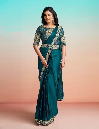 Teal green satin silk ready to wear saree with koti