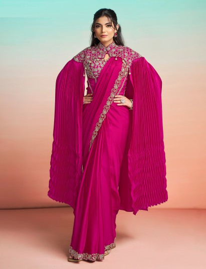 Magenta pink designer satin silk ready to wear saree
