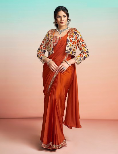Rust orange embroidered satin silk ready to wear saree