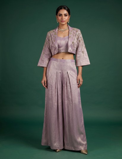 Purple silk boxy jacket palazzo suit for celebrations