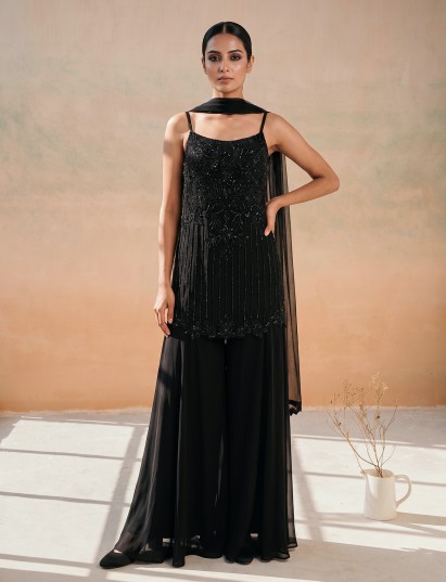 Black georgette silk embellished sharara suit with dupatta